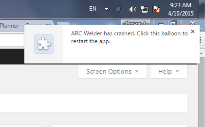 ARC Welder has crashed. Click this balloon to restart the app