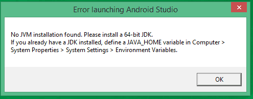No jvm installation found in android studio