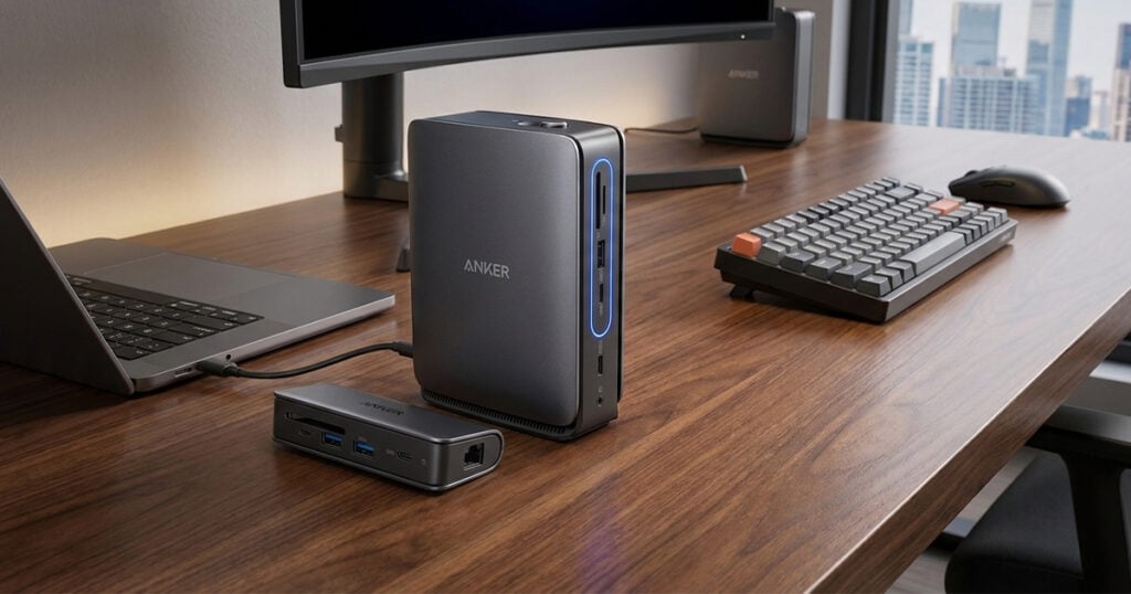 A vertical Anker docking station with a blue LED ring sits on a wooden desk beside a smaller Anker hub, a MacBook, a mechanical keyboard, mouse, and an ultrawide monitor.