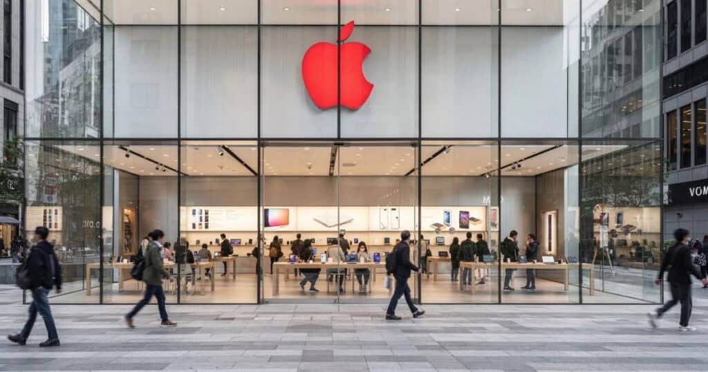 Modern glass-front Apple Store with an illuminated red Apple logo, pedestrians walking past on a paved city sidewalk