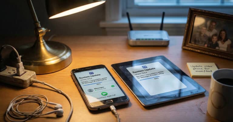An older iPhone with a cracked screen and an iPad mini sit on a wooden desk, both displaying an iOS 12.5.8 "System Update" progress bar. A sticky note nearby reads "Update older phone for mom/dad," with a family photo and a Wi-Fi router in the background.