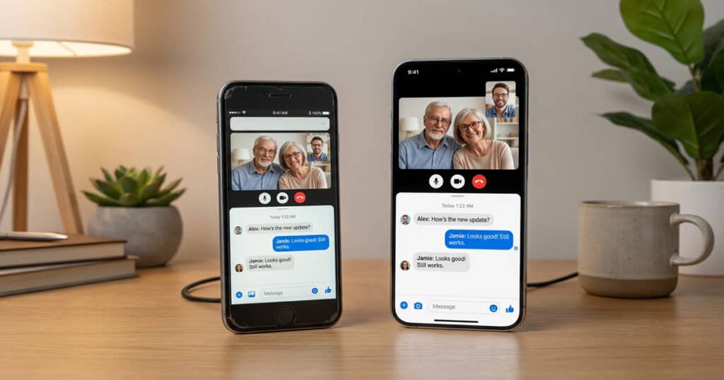 An older iPhone with a home button and a modern iPhone side-by-side on a wooden desk, both displaying active FaceTime calls and iMessage chats to show cross-generational compatibility.