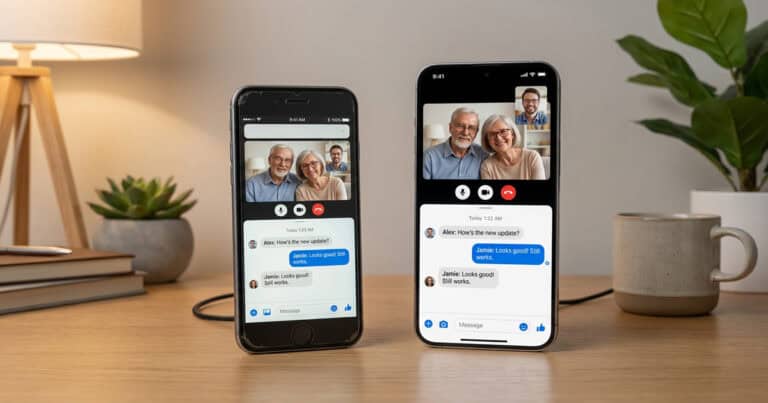 An older iPhone with a home button and a modern iPhone side-by-side on a wooden desk, both displaying active FaceTime calls and iMessage chats to show cross-generational compatibility.