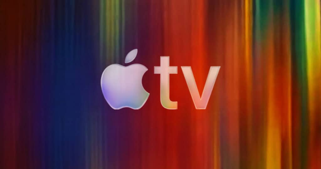 The Apple TV+ logo displayed on a colorful blurred background.