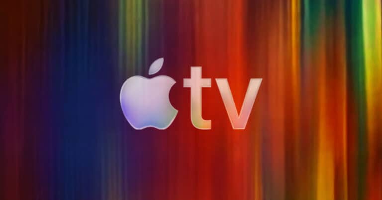 The Apple TV+ logo displayed on a colorful blurred background.