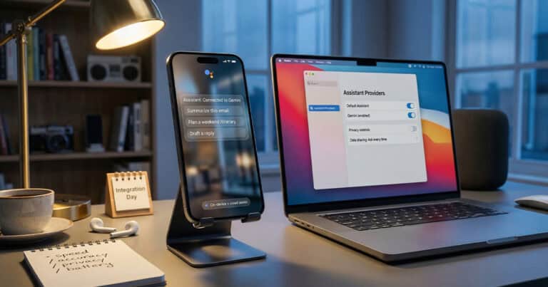 An iPhone on a desk stand displays "Assistant: Connected to Gemini" with prompt options for summarizing emails and planning itineraries. Next to it, a MacBook shows an "Assistant Providers" settings menu with Gemini enabled. A small calendar on the desk reads "Integration Day."