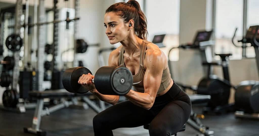 A muscular woman in a tan sports bra and black leggings performs a dumbbell bicep curl while seated on a bench in a well-equipped gym, with racks, plates, and cardio machines blurred behind her.