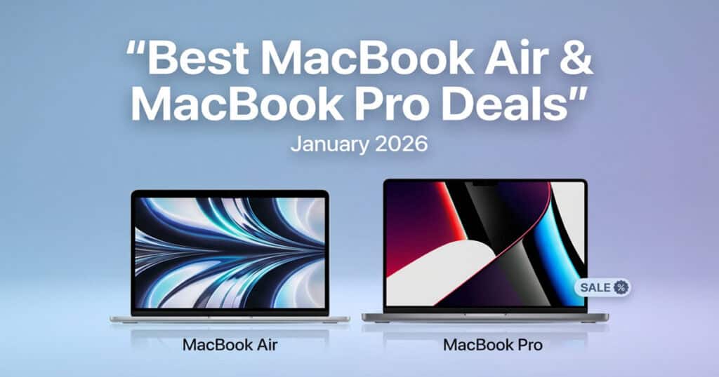 Promotional graphic for Apple laptop deals featuring a MacBook Air and a MacBook Pro side-by-side against a soft blue and purple gradient background with text reading "Best MacBook Air & MacBook Pro Deals" January 2026.