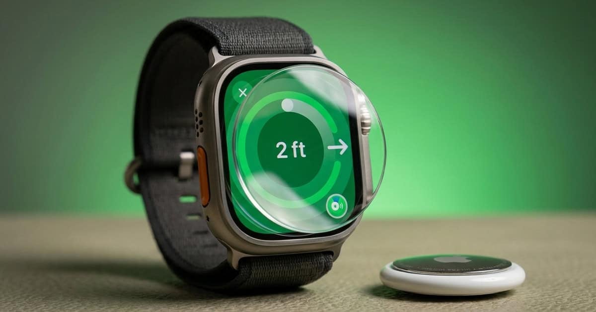 An Apple Watch Ultra with a black Alpine Loop band displays a green Precision Finding screen reading "2 ft" with a directional arrow, next to an AirTag lying on a tan surface.