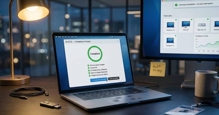 A MacBook on an office desk displays the M.A.C.E. Compliance Center showing a "Compliant" status with green checkmarks for Disk Encryption, Firewall, and OS Update Policy. A secondary monitor shows a "Fleet view" of managed Macs, and an "Audit Friday" sticky note is attached to the screen.