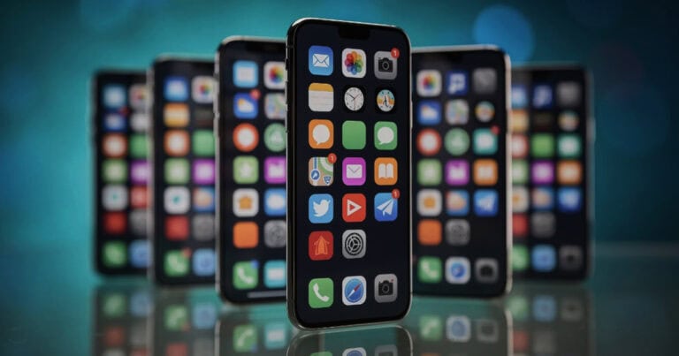 Multiple smartphones displaying colorful app icons on their home screens arranged in a row against a blurred blue background
