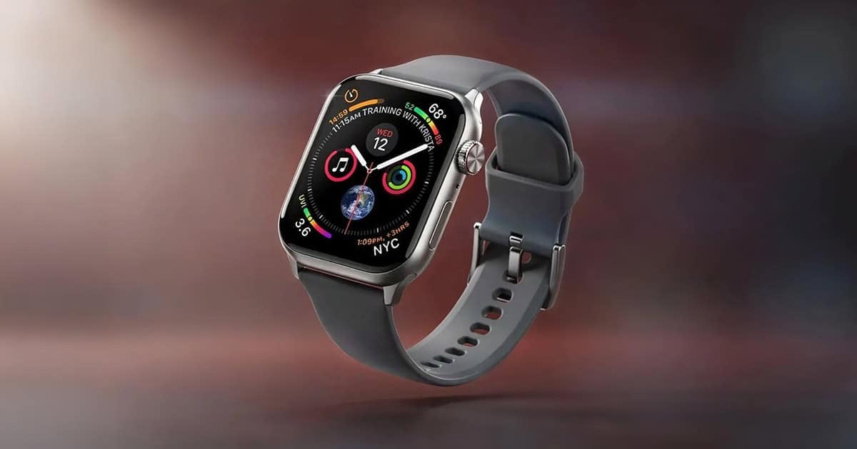 A silver Apple Watch with a gray sport band floats at an angle against a blurred red-brown background, its Infograph face showing complications for weather, activity rings, music, UV index, world clock, and a calendar event reading "11:15AM Training with Krista."