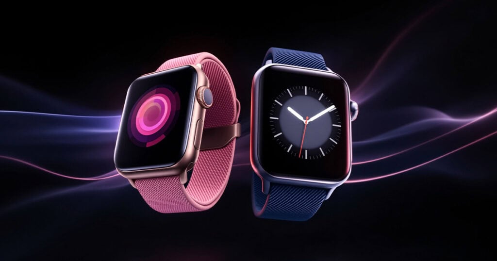 Two Apple Watches with pink and blue sport bands displayed against a dark background with flowing light accents.