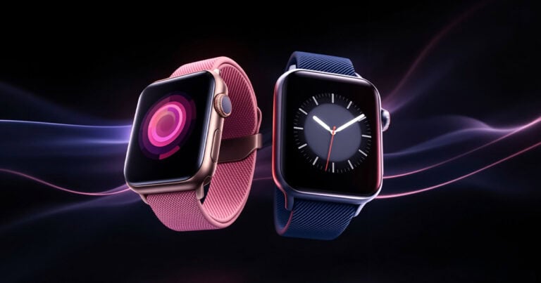 Two Apple Watches with pink and blue sport bands displayed against a dark background with flowing light accents.
