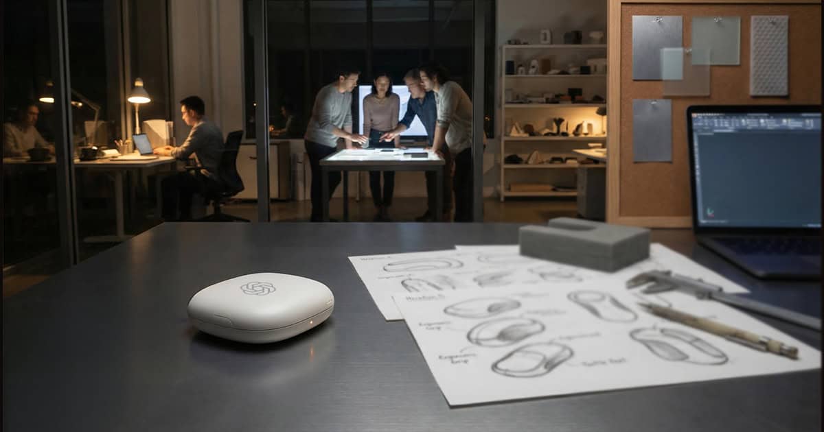 A sleek, white pebble-shaped hardware device featuring the OpenAI logo sits on a workshop table next to technical design sketches, with a team of designers collaborating in a dimly lit modern office in the background.