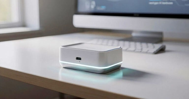 Compact white square desktop device with a soft LED light strip placed on a desk in front of a computer monitor and keyboard