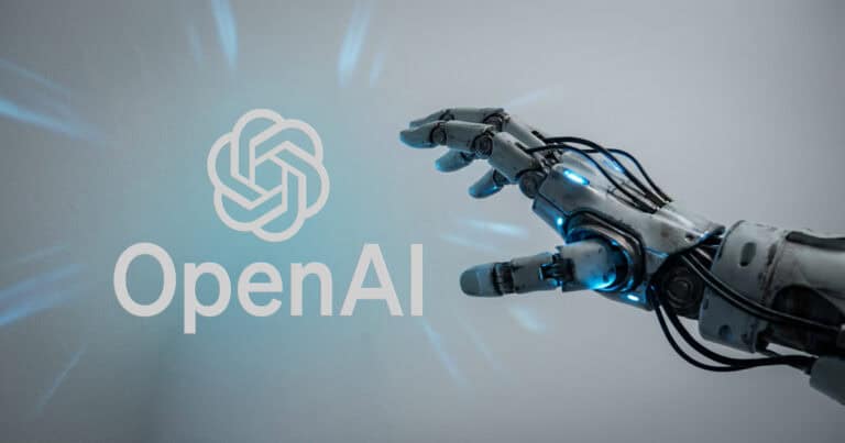 The OpenAI logo and name displayed beside a futuristic robotic hand reaching forward with blue glowing lights.