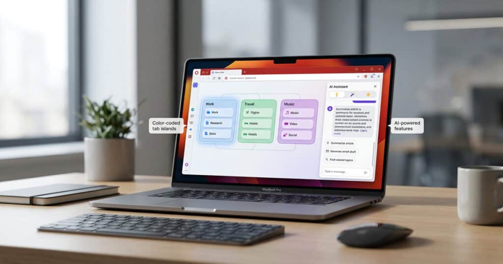 A MacBook Pro on a desk displays the Opera One R3 browser with color coded tab islands and an AI assistant sidebar open.