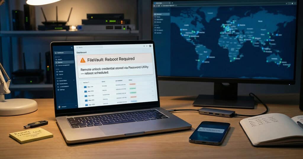 A MacBook Pro on a desk displays a "FileVault: Reboot Required" dashboard notification, showing a remote unlock credential stored via Password Utility. In the background, a large monitor displays a global network map, and a smartphone shows a remote restart approval.