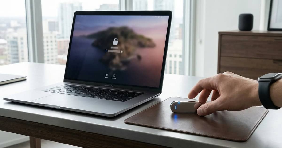 A hand reaches for a small security device with a glowing blue LED on a leather mousepad beside a MacBook Pro showing a locked macOS login screen.