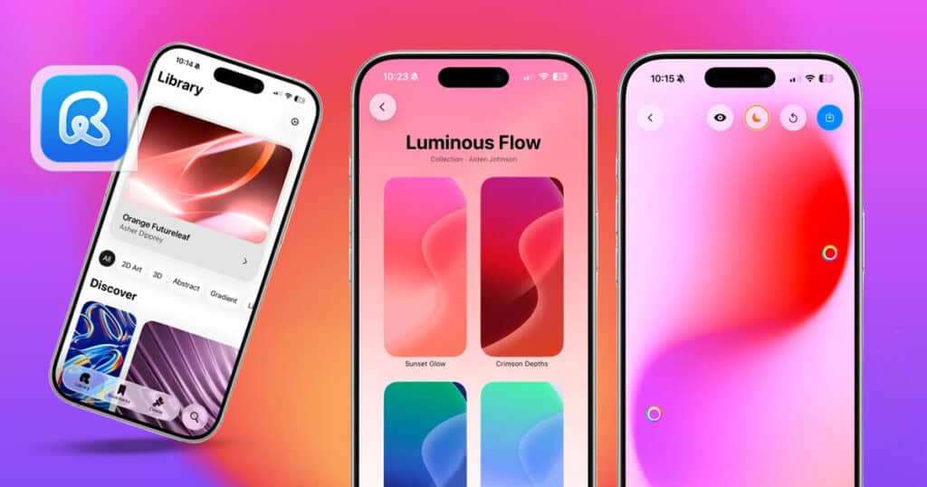 iPhones displaying the Radiance wallpaper app interface, showing a library of abstract designs, a collection titled "Luminous Flow," and a wallpaper customization screen against a vibrant gradient background.