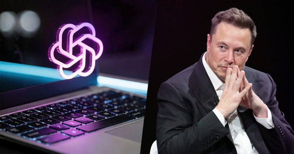 Split image showing an AI logo glowing above a laptop keyboard and a seated business executive in a dark suit with hands clasped