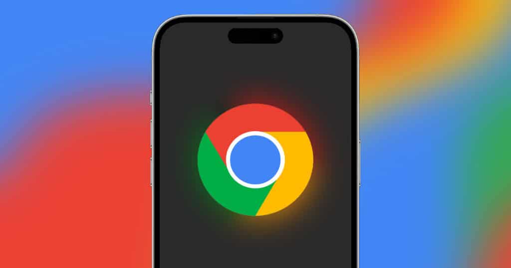 An iPhone screen displaying the Google Chrome logo against a colorful blurred background.