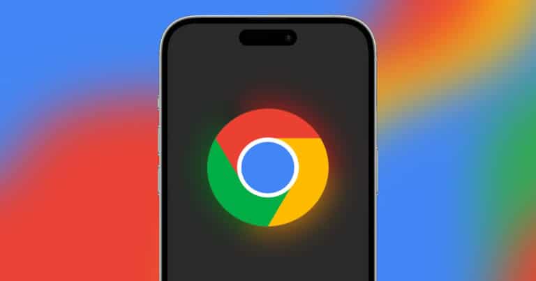 An iPhone screen displaying the Google Chrome logo against a colorful blurred background.