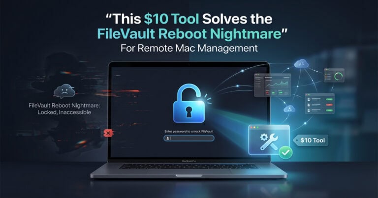 MacBook displaying a glowing lock icon and security graphics representing FileVault encryption and remote Mac management.