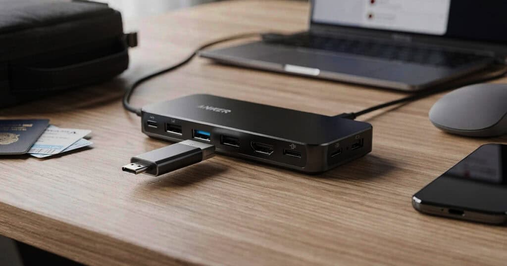 Anker docking station with a detachable USB C hub connected on a wooden desk beside a laptop, mouse, smartphone, and travel accessories,