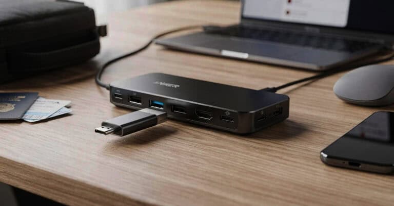 Anker docking station with a detachable USB C hub connected on a wooden desk beside a laptop, mouse, smartphone, and travel accessories,