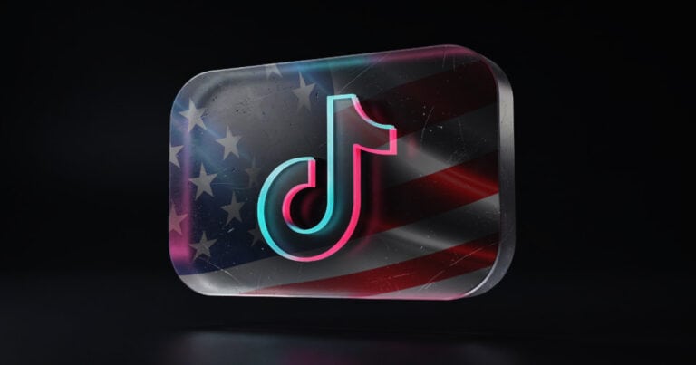 TikTok logo displayed over a stylized American flag, representing U.S. ownership and operations.