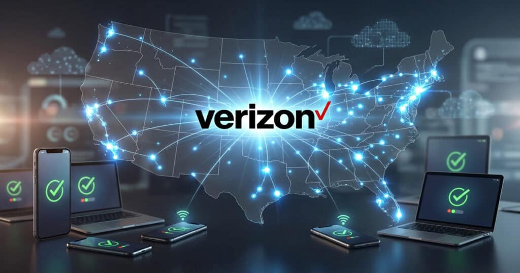 Verizon logo over a digital map of the United States showing nationwide network connectivity with connected devices