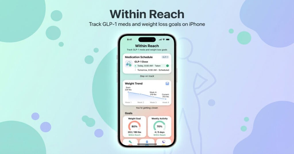 iPhone displaying the Within Reach app interface for tracking GLP 1 medications, weight trend progress, and weight loss goals.