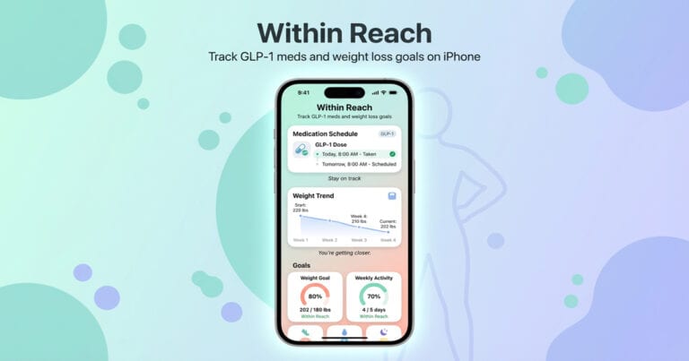 iPhone displaying the Within Reach app interface for tracking GLP 1 medications, weight trend progress, and weight loss goals.