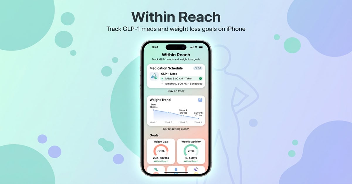iPhone displaying the Within Reach app interface for tracking GLP 1 medications, weight trend progress, and weight loss goals.