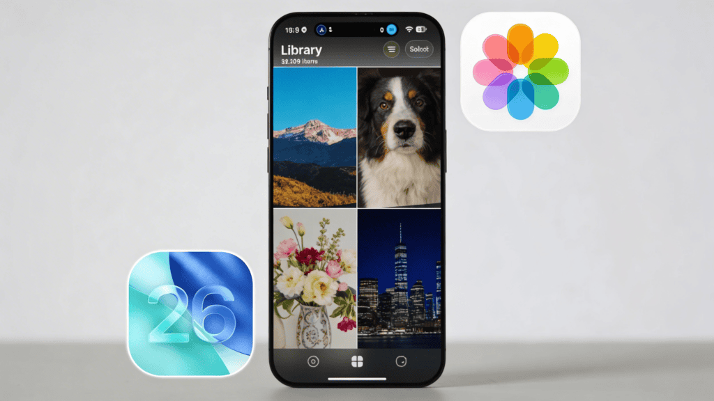 A smartphone displays a redesigned "Library" view within a photo gallery app, showing a grid of four photos: a mountain landscape, a dog portrait, a vase of flowers, and a city skyline at night. To the left of the phone is a translucent "26" icon on a blue background, and to the right is the colorful Apple Photos flower icon.