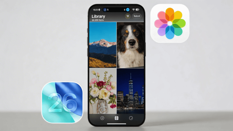 A smartphone displays a redesigned "Library" view within a photo gallery app, showing a grid of four photos: a mountain landscape, a dog portrait, a vase of flowers, and a city skyline at night. To the left of the phone is a translucent "26" icon on a blue background, and to the right is the colorful Apple Photos flower icon.