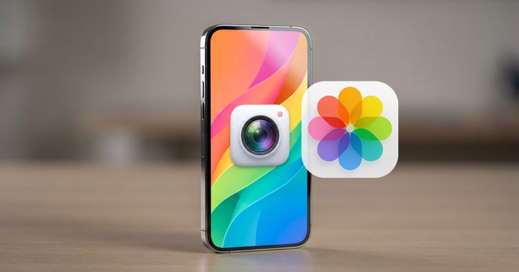 An iPhone display with the Photos app icon and a camera icon shown prominently in front of the screen.