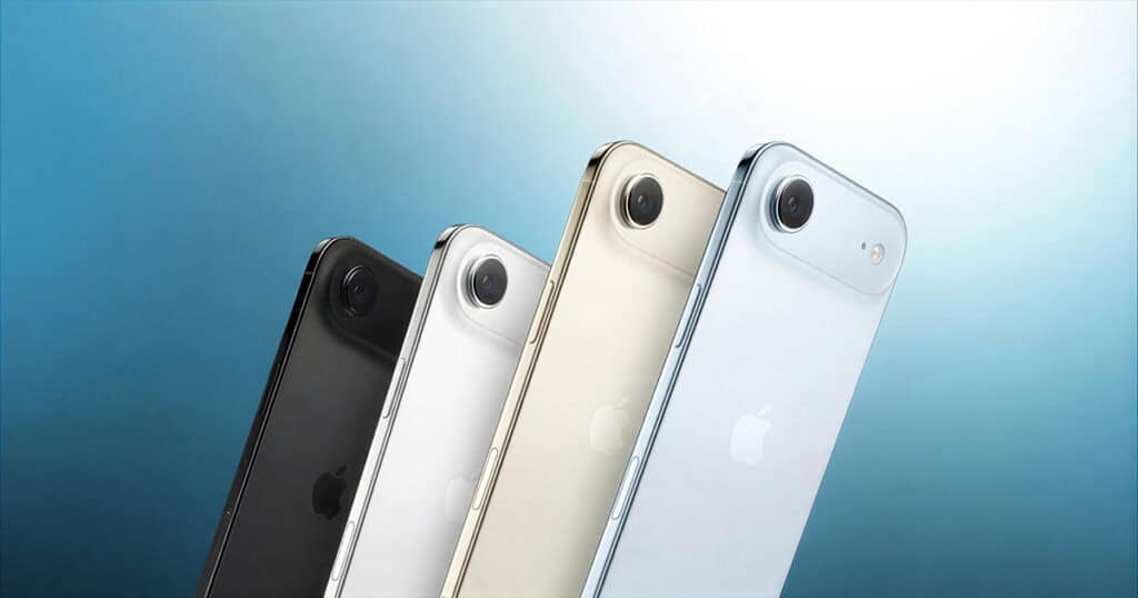 Four iPhones in black, white, gold, and light blue lean side by side at an angle, showing their single rear cameras and Apple logos against a blue gradient background.