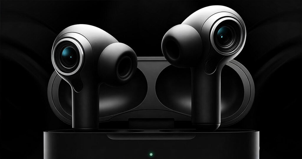 Concept image of black AirPods Pro with integrated cameras inside charging case