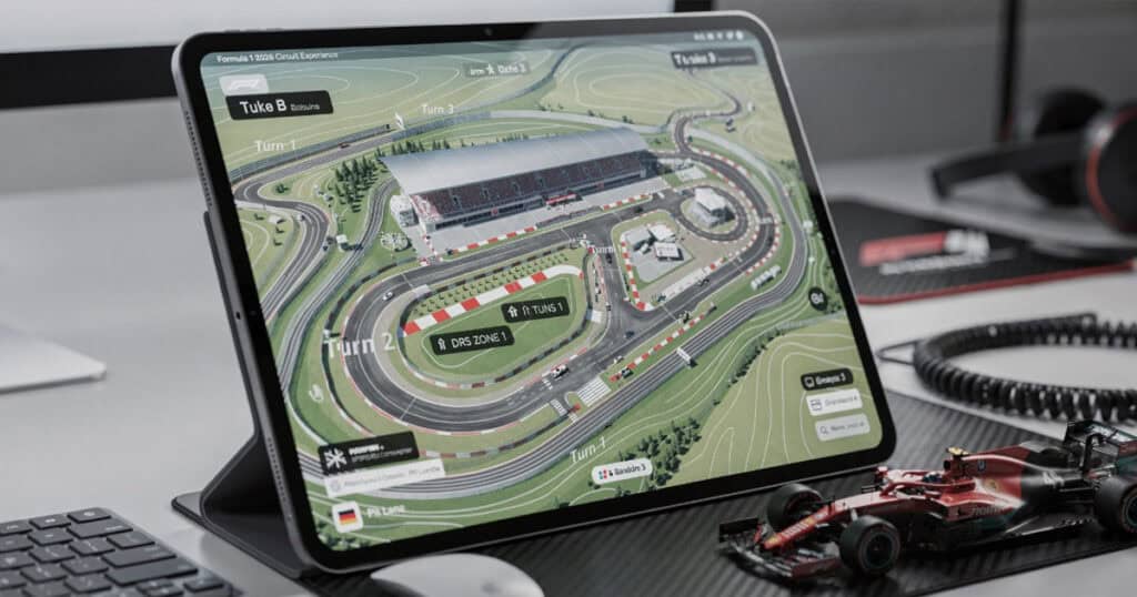 Tablet displaying Apple Maps Formula 1 circuit layout with labeled turns and race track details