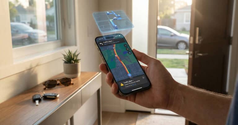 Person using iPhone and MacBook with cloud-based AI spam detection visualization above devices
