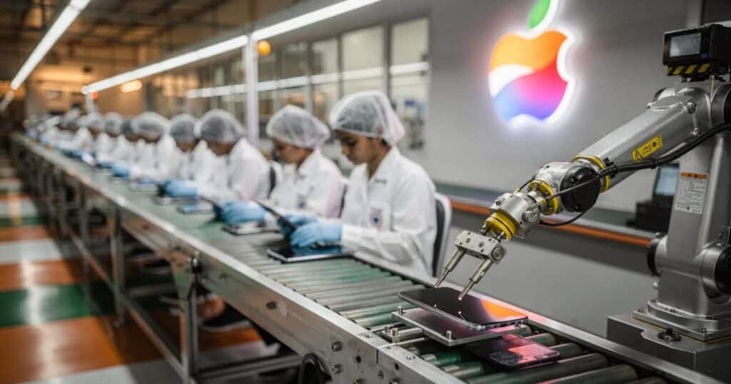 Apple manufacturing line in India with workers assembling devices alongside a robotic arm under the Apple logo