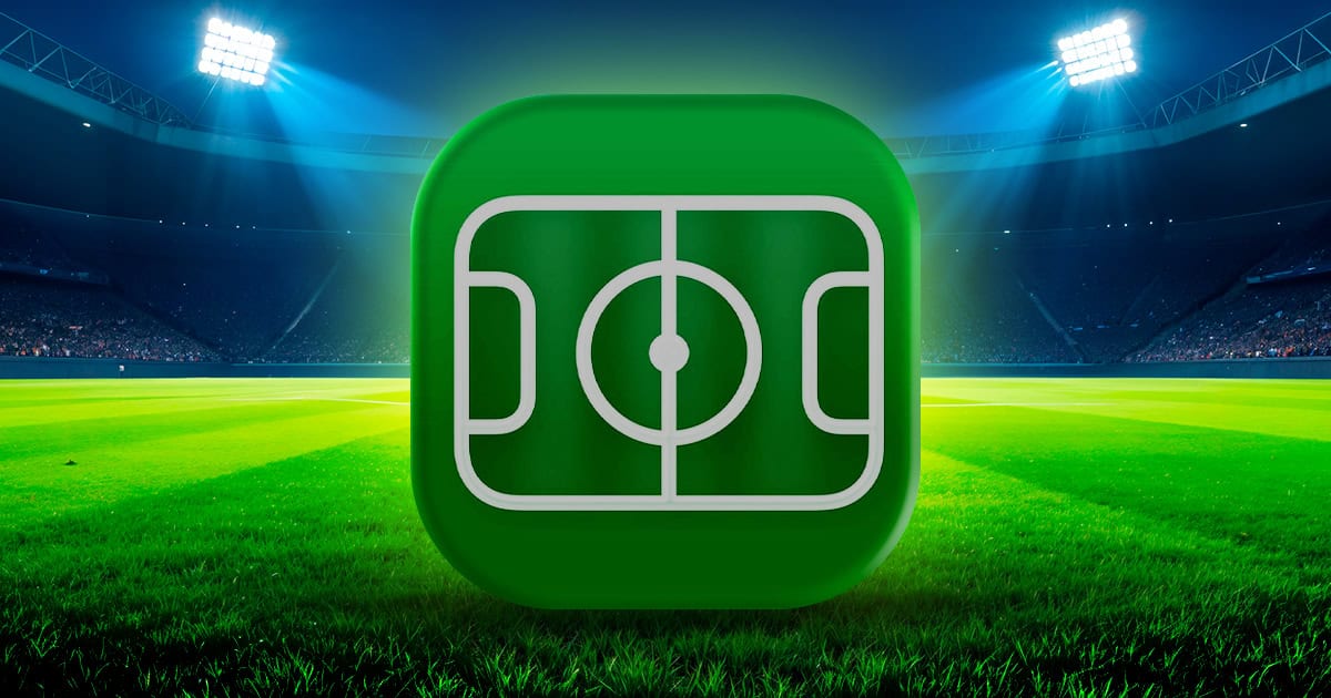 Apple Sports app icon displayed over illuminated soccer stadium field at night