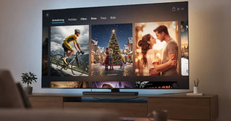 Smart TV displaying a movie streaming interface with film posters and categories in a living room