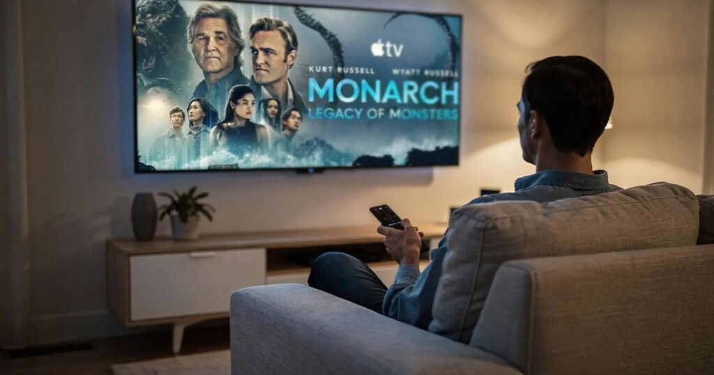 Man sitting on a couch watching Apple TV+ series “Monarch: Legacy of Monsters” on a large flat-screen television in a modern living room