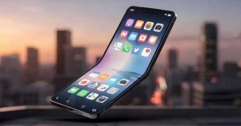 Foldable clamshell-style smartphone partially open with app icons visible on the flexible display, set against a blurred city skyline at sunset.