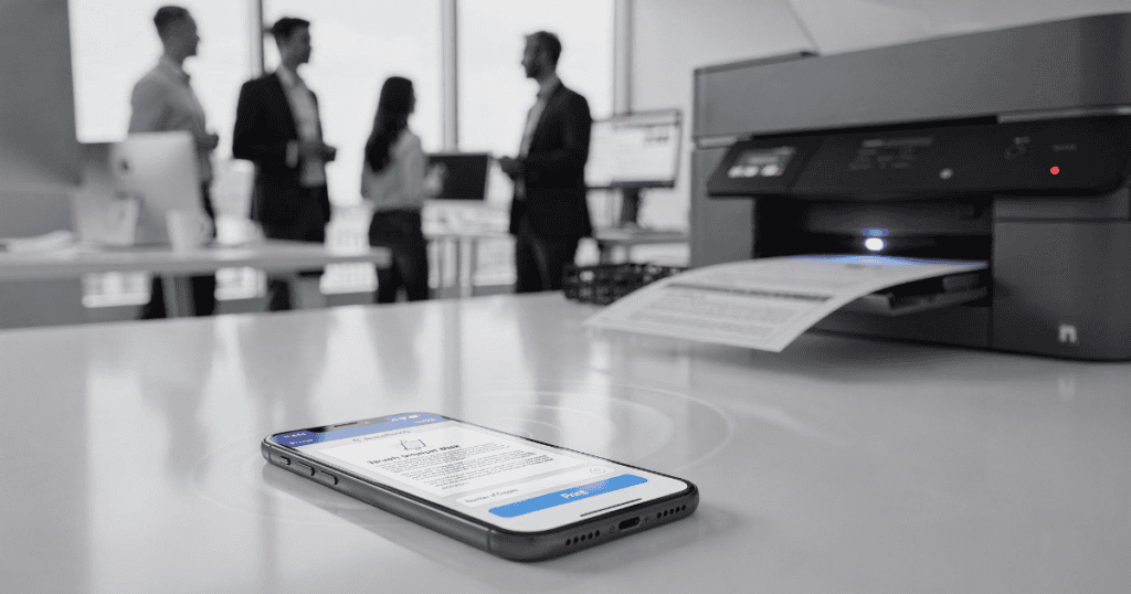 An iPhone lies on a white office desk displaying a print command, with a wireless signal animation radiating toward a modern office printer in the background where people are meeting.