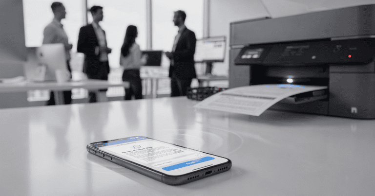 An iPhone lies on a white office desk displaying a print command, with a wireless signal animation radiating toward a modern office printer in the background where people are meeting.